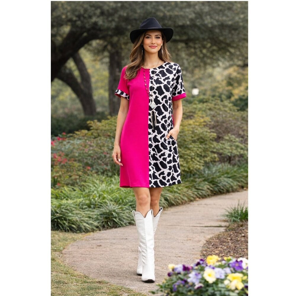 Half and Half Cow Print Dress Half Solid Fuschia - Half Cow Print Mini Dress